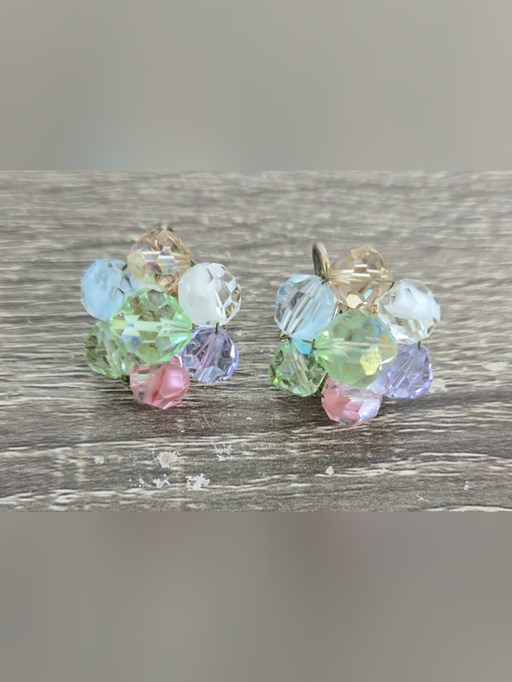 Vintage Laguna Aurora Borealis Faceted Bead Cluster Clip On Earrings SEE  PICTUR